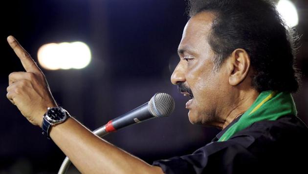 DMK working president MK Stalin speaks during a mega rally in Cuddalore. The DMK leader, who is the Leader of Opposition, said the Centre desired to place Sanskrit in a “golden cradle,” while slighting Tamil.(PTI) DMK working president MK Stalin speaks during a mega rally in Cuddalore. The DMK leader, who is the Leader of Opposition, said the Centre desired to place Sanskrit in a “golden cradle,” while slighting Tamil.(PTI)