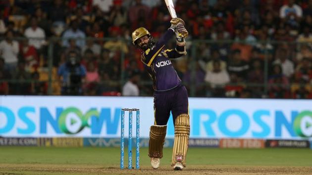 Kolkata Knight Riders’ Dinesh Karthik in action during the IPL 2018 match against Royal Challengers Bangalore in Bengaluru on Sunday.  (BCCI) 