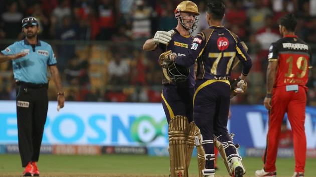 Chris Lynn of the Kolkata Knight Riders (KKR) celebrates with Shubman Gill after winning the 2018 Indian Premier League (IPL 2018) match against Royal Challengers Bangalore (RCB) at the Chinnaswamy Stadium in Bengaluru on Sunday. (BCCI)