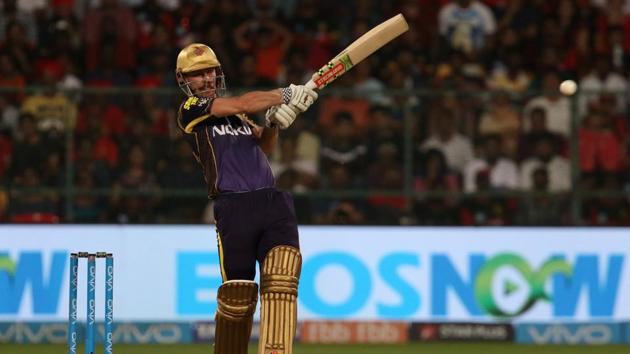 Chris Lynn of the Kolkata Knight Riders plays a shot during an Indian Premier League 2018 (IPL 2018) against Royal Challengers Bangalore at the M. Chinnaswamy Stadium in Bangalore on Sunday.(BCCI)