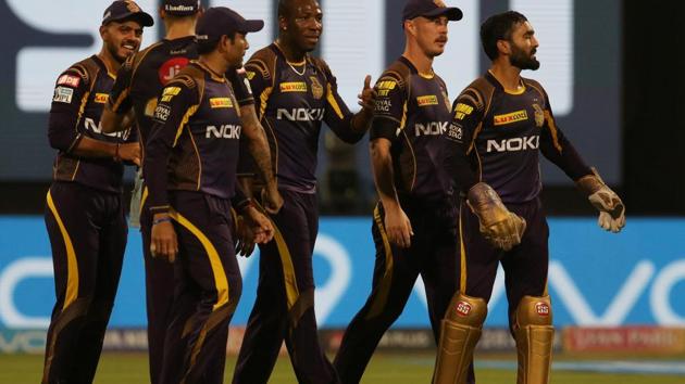 Andre Russell of the Kolkata Knight Riders (KKR) celebrates the wicket of Manan Vohra of the Royal Challengers Bangalore (RCB) during their IPL 2018 match at the M. Chinnaswamy Stadium in Bengaluru on Sunday. (BCCI) 