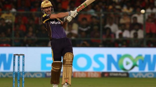 Chris Lynn of the Kolkata Knight Riders hits a boundary against Royal Challengers Bangalore (RCB) during their IPL 2018 match on Sunday.  (BCCI) 