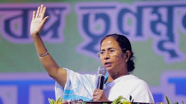 West Bengal chief minister and Trinamool Congress supremo Mamata Banerjee addresses a rally at Damurjala Stadium in Howrah district of West Bengal.(PTI Photo)