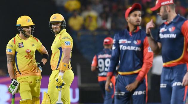 Chennai Super Kings’ Faf du Plessis (L) and Shane Watson during their partnership against Delhi Daredevils in the Indian Premier League (IPL 2018) on Monday. (AFP) Chennai Super Kings’ Faf du Plessis (L) and Shane Watson during their partnership against Delhi Daredevils in the Indian Premier League (IPL 2018) on Monday. (AFP)