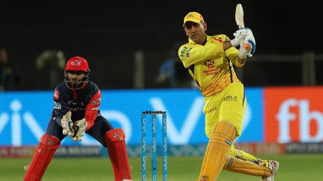 MS Dhoni, captain of Chennai Super Kings (CSK), hits a six during the Indian Premier League (IPL 2018) match against Delhi Daredevils at the Maharashtra Cricket Association Cricket Stadium in Pune on Monday. (BCCI) MS Dhoni, captain of Chennai Super Kings (CSK), hits a six during the Indian Premier League (IPL 2018) match against Delhi Daredevils at the Maharashtra Cricket Association Cricket Stadium in Pune on Monday. (BCCI)