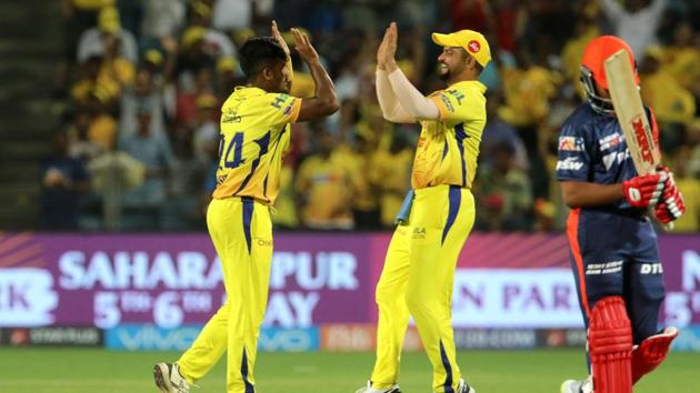Chennai Super Kings (CSK) players celebrate the wicket of Prithvi Shaw of Delhi Daredevils during their Indian Premier League (IPL 2018) match in Pune. (BCCI) Chennai Super Kings (CSK) players celebrate the wicket of Prithvi Shaw of Delhi Daredevils during their Indian Premier League (IPL 2018) match in Pune. (BCCI)