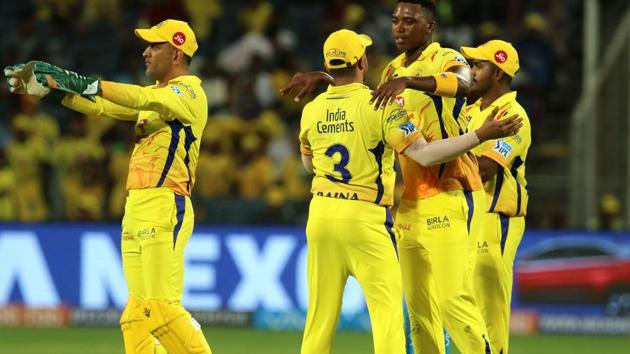 Chennai Super Kings (CSK) skipper MS Dhoni and players celebrates the fall of Rishab Pant during the Indian Premier League (IPL 2018) match against Delhi Daredevils in Pune on Monday. (BCCI)