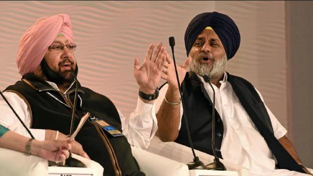 Sukhbir Singh Badal (right) wants Punjab chief minister Capt Amarinder Singh to produce a copy of the Class-11 textbook to which several chapters on Sikh history have been shifted from the older Class-12 book. (HT File) Sukhbir Singh Badal (right) wants Punjab chief minister Capt Amarinder Singh to produce a copy of the Class-11 textbook to which several chapters on Sikh history have been shifted from the older Class-12 book. (HT File)