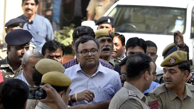 Karti Chidambaram coming out after the hearing at Patiala House Court in New Delhi, India.(HT File Photo)