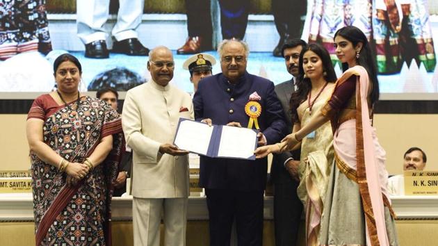 Boney, Janhvi and Khushi Kapoor accept the National Award on behalf of Sridevi from President Ram Nath Kovind.(HT Photo/Raj K Raj)