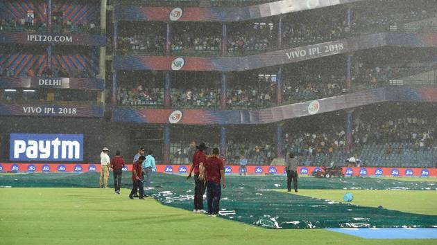 Indian ground staff and officials stand on the pitch during rain at the Indian Premier League (IPL 2018) match between Rajasthan Royals and Delhi Daredevils at the Feroz Shah Kotla cricket Stadium in New Delhi on May 2, 2018. (AFP) Indian ground staff and officials stand on the pitch during rain at the Indian Premier League (IPL 2018) match between Rajasthan Royals and Delhi Daredevils at the Feroz Shah Kotla cricket Stadium in New Delhi on May 2, 2018. (AFP)