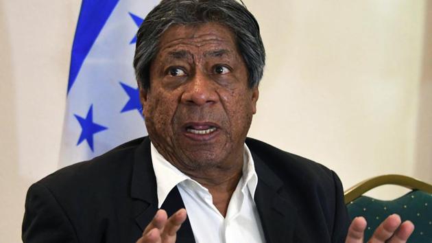 The former head coach of Salvadoran national football team, Honduran Ramon "El Primitivo" Maradiaga, speaks during a press conference in Tegucigalpa, on May 2, 2018. Maradiaga, denied the charges of "attempt of manipulation" during the CONCACAF qualifying matches heading to Russia's World Cup.(AFP)