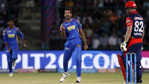 Rajasthan Royals' Dhawal Kulkarni celebrates the wicket of Colin Munro. (AP) Rajasthan Royals' Dhawal Kulkarni celebrates the wicket of Colin Munro. (AP)