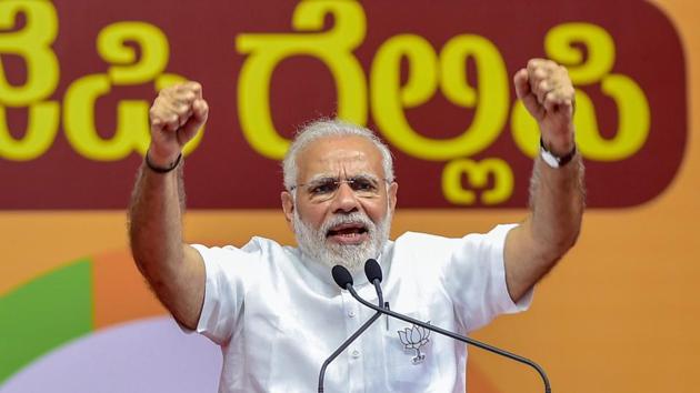 Prime Minister Narendra Modi addresses a public rally for the Karnataka assembly elections in Bengaluru on Thursday.(PTI photo)