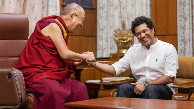 Cricket legend Sachin Tendulkar meets Tibetan spiritual leader, the Dalai Lama, in Dharamsala on Thursday.(PTI)