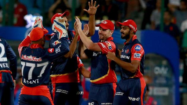 Delhi Daredevils players celebrate after defeating Rajasthan Royals in an Indian Premier League (IPL) 2018 match. Get full cricket score of Delhi Daredevils (DD) vs Rajasthan Royals (RR), Indian Premier League (IPL) 2018, here.(BCCI)