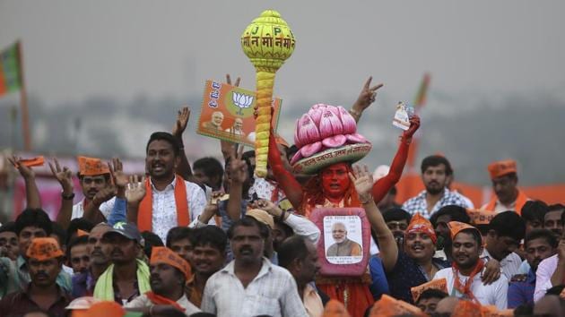 A supporter of Bharatiya Janata Party (BJP) dressed as the god Hanuman attends an election campaign rally addressed by Prime Minister Narendra Modi in Bangalore, Karnataka on May 3, 2018. (Aijaz Rahi / AP) A supporter of Bharatiya Janata Party (BJP) dressed as the god Hanuman attends an election campaign rally addressed by Prime Minister Narendra Modi in Bangalore, Karnataka on May 3, 2018. (Aijaz Rahi / AP)