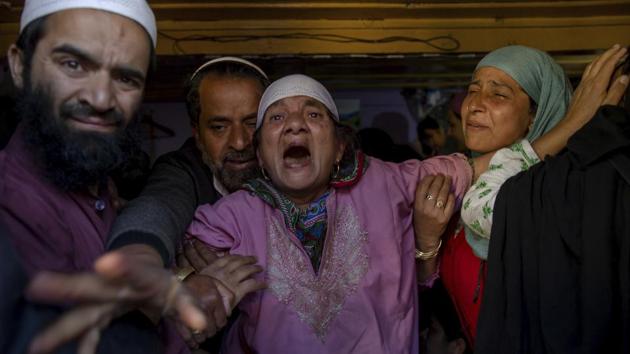Grandmother (C) of Haseeb Ahmad Khan, one among three civilians killed, wails during his funeral in Kashmir’s Baramulla on May 1, 2018. (Dar Yasin / AP) Grandmother (C) of Haseeb Ahmad Khan, one among three civilians killed, wails during his funeral in Kashmir’s Baramulla on May 1, 2018. (Dar Yasin / AP)