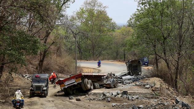 Maoists blew up a culvert on the Bhadrachalam-Charla highway in Telangana’s Bhadradri-Kothagudem district on Friday as part of their call for a state-wide shutdown in protest against the alleged fake encounters in Dandakaranya forests. The blast was so powerful that it left a big crater on the road. (PTI) Maoists blew up a culvert on the Bhadrachalam-Charla highway in Telangana’s Bhadradri-Kothagudem district on Friday as part of their call for a state-wide shutdown in protest against the alleged fake encounters in Dandakaranya forests. The blast was so powerful that it left a big crater on the road. (PTI)
