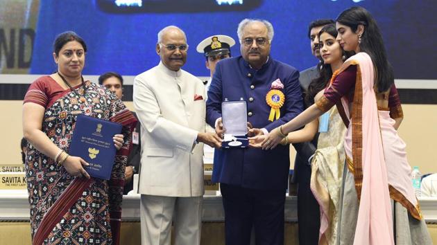 Boney, Janhvi and Khushi Kapoor on behalf of Sridevi accept the Best Actress Award for her role in Hindi film Mom from President Ram Nath Kovind during the 65th National Film Awards at New Delhi’s Vigyan Bhawan on May 03, 2018. (Raj K Raj / HT Photo) Boney, Janhvi and Khushi Kapoor on behalf of Sridevi accept the Best Actress Award for her role in Hindi film Mom from President Ram Nath Kovind during the 65th National Film Awards at New Delhi’s Vigyan Bhawan on May 03, 2018. (Raj K Raj / HT Photo)