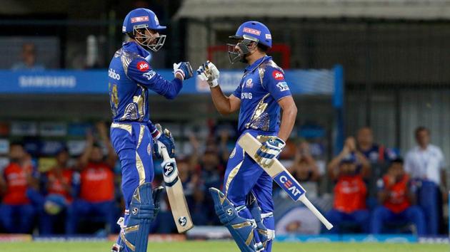 Krunal Pandya and Rohit Sharma’s 56-run stand off 3.3 balls helped Mumbai Indians stay alive in the IPL 2018 with a six-wicket win over Kings XI Punjab.(BCCI)