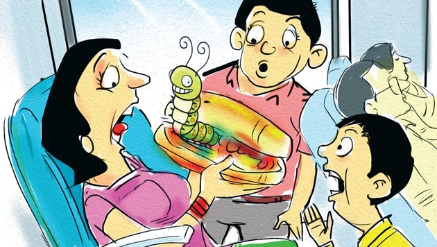 Shalini Jain, travelling with her two sons on July 3, 2016, from Chandigarh to New Delhi, was shocked to see a live insect inside the food pack served to her aboard the Shatabdi.(Illustration by Biswajit Debnath)