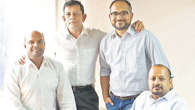 (From left) Vijay Arisetty, Vivaik Bharadwaaj, Shreyans Daga and Abhishek Kumar, founders of the apartment security and visitor management system, MyGate, are all smiles after the successful launch of their app in Pune.(HT PHOTO) (From left) Vijay Arisetty, Vivaik Bharadwaaj, Shreyans Daga and Abhishek Kumar, founders of the apartment security and visitor management system, MyGate, are all smiles after the successful launch of their app in Pune.(HT PHOTO)