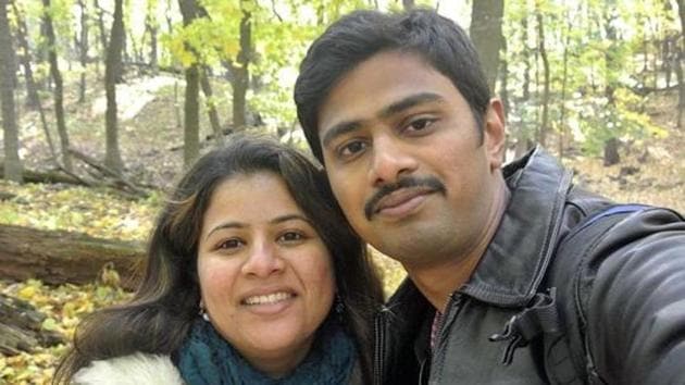 In this undated photo provided by Kranti Shalia, Srinivas Kuchibhotla, right, poses for photo with his wife Sunayana Dumala in Cedar Rapids, Iowa.(AP Photo)