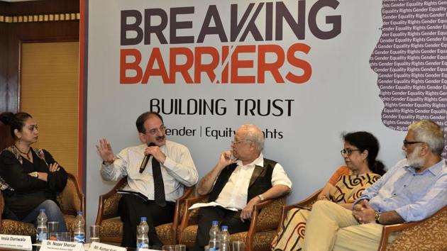 (From left) Insia Dariwala, Dr Nozer Sheriar, Kumar Ketkar, Dr Shubhangi Parkar and Sidharth Bhatia participate in ‘Breaking Barriers, Building Trust’ panel discussion, at Parel on Friday.(Anshuman Poyrekar/HT Photo)