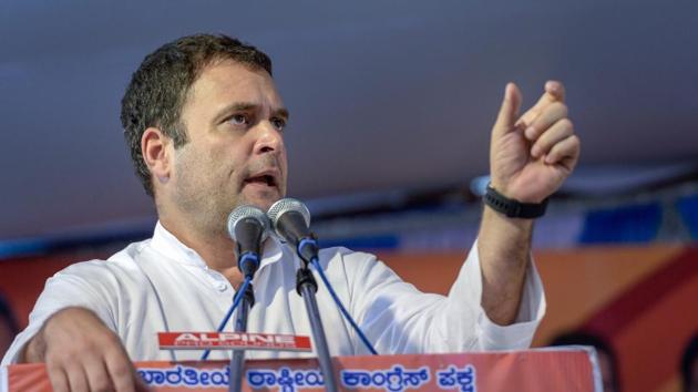 Congress President Rahul Gandhi addresses a corner meeting during an election campaign ahead of Karnataka assembly elections at Shiggaon Cricket Ground, District Haveri in Karnataka on Friday. (PTI) Congress President Rahul Gandhi addresses a corner meeting during an election campaign ahead of Karnataka assembly elections at Shiggaon Cricket Ground, District Haveri in Karnataka on Friday. (PTI)