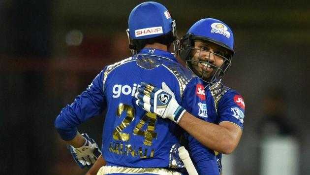 But Rohit Sharma (R) and Krunal Pandya put together a 56-run stand off 21 balls to keep MI’s chances of making the play-offs alive.  (PTI) 