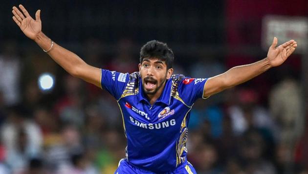 Mumbai Indians’ Jasprit Bumrah appeals during the IPL 2018 match against Kings XI Punjab at Holkar Stadium in Indore on Friday. (PTI)