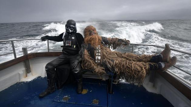Darth Vader and Chewbacca take a boat trip to the Skelligs where the first ever Star Wars festival is taking place in Portmagee, Ireland. Skellig Michael island was used extensively in Episode VII and Episode VIII of the popular science fiction saga. (Charles McQuillan / Getty Images) Darth Vader and Chewbacca take a boat trip to the Skelligs where the first ever Star Wars festival is taking place in Portmagee, Ireland. Skellig Michael island was used extensively in Episode VII and Episode VIII of the popular science fiction saga. (Charles McQuillan / Getty Images)