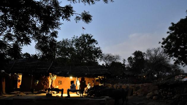A scene outside a home in Kraska at dusk. Former officials of the reserve and forest have said that the prolonged delays in the relocation and repopulating efforts are working to Sariska’s detriment as a sanctuary for tigers and also as a competitor to Ranthambore for wildlife tourism. (Anindito Mukherjee / Bloomberg)