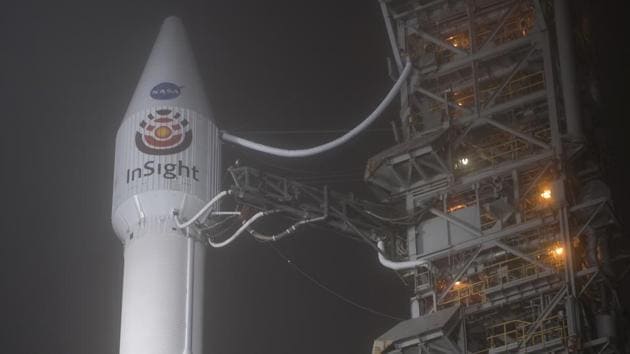 This photo released by NASA shows a United Launch Alliance (ULA) Atlas-V rocket with NASA's InSight spacecraft onboard shortly after the mobile service tower was rolled back, Friday, May 4, 2018, at Vandenberg Air Force Base in Calif. The rocket is set to launch early Saturday. (Bill Ingalls/NASA via AP))(AP) This photo released by NASA shows a United Launch Alliance (ULA) Atlas-V rocket with NASA's InSight spacecraft onboard shortly after the mobile service tower was rolled back, Friday, May 4, 2018, at Vandenberg Air Force Base in Calif. The rocket is set to launch early Saturday. (Bill Ingalls/NASA via AP))(AP)