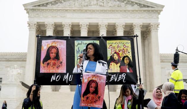Rep. Pramila Jayapal, D-Wash, speaks at an anti-Muslim ban rally outside the US Supreme Court. The letter for work permits to spouses of H-1B Visa holders was initiated by Indian-American member of the House of Representatives Jayapal and her colleague Mia Love.(AP FILE)