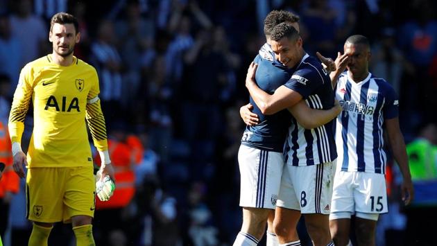West Bromwich Albion's Jake Livermore celebrates with team mates after their victory over Tottenham Hotspur. (REUTERS) West Bromwich Albion's Jake Livermore celebrates with team mates after their victory over Tottenham Hotspur. (REUTERS)