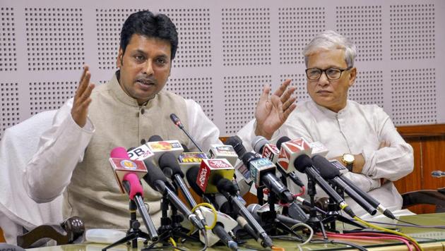 File photo of Tripura chief minister Biplab Kumar Deb along with deputy chief minister Jishnu Dev Barman in Agartala.(PTI Photo) File photo of Tripura chief minister Biplab Kumar Deb along with deputy chief minister Jishnu Dev Barman in Agartala.(PTI Photo)