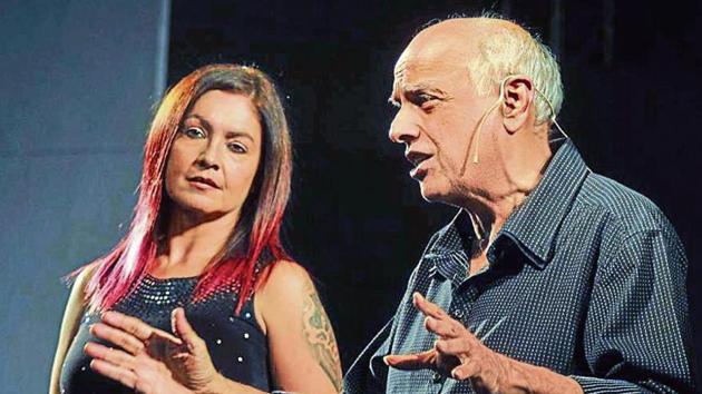 Film director Mahesh Bhatt along with daughter Pooja Bhatt interacting with the audience before the theatrical adaptation of their 1989 film ‘Daddy’ in Chandigarh on Saturday.(Karun Sharma/HT)