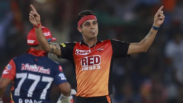 Sunrisers Hyderabad’s Siddarth Kaul celebrates the fall of a wicket. (AP) Sunrisers Hyderabad’s Siddarth Kaul celebrates the fall of a wicket. (AP)