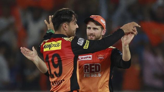 Sunrisers Hyderabad’s Rashid Khan (L) celebrates a wicket with captain Kane Williamson. (AP) Sunrisers Hyderabad’s Rashid Khan (L) celebrates a wicket with captain Kane Williamson. (AP)