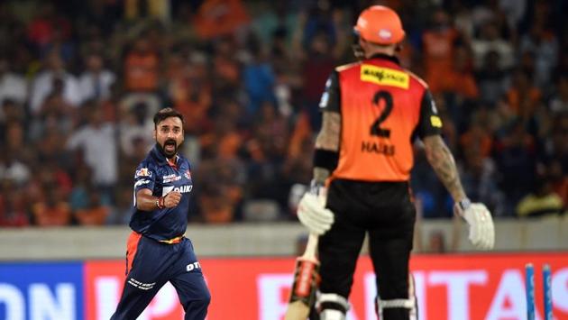 Delhi Daredevils bowler Amit Mishra celebrates after taking the wicket of Sunrisers Hyderabad batsman Alex Hales. (PTI) Delhi Daredevils bowler Amit Mishra celebrates after taking the wicket of Sunrisers Hyderabad batsman Alex Hales. (PTI)