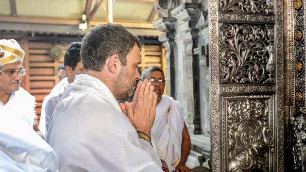 Congress President Rahul Gandhi offered prayers at Manjunatheshwara Temple during his visit to Karnataka ahead of the states elections there. (PTI File Photo) Congress President Rahul Gandhi offered prayers at Manjunatheshwara Temple during his visit to Karnataka ahead of the states elections there. (PTI File Photo)