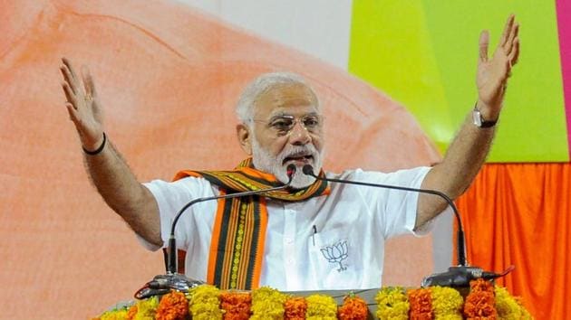 Prime Minister Narendra Modi addresses at an election campaign rally in Mangaluru in Karnataka on Saturday.(PTI Photo)