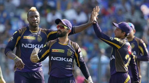 Andre Russell broke the 91-run opening stand as Evin Lewis fell for 43 to Andre Russell with Chris Lynn taking the catch. (BCCI) Andre Russell broke the 91-run opening stand as Evin Lewis fell for 43 to Andre Russell with Chris Lynn taking the catch. (BCCI)