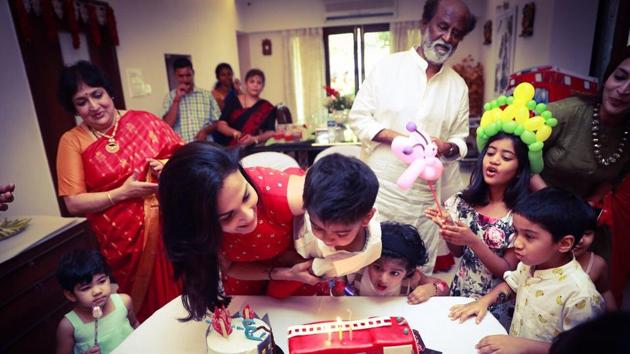 Rajinikanth celebrated grandson Ved’s birthday with family in Chennai on Sunday.(Twitter)