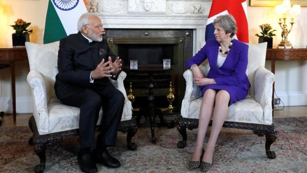 Britain's Prime Minister Theresa May in a bilateral meeting with Prime Minister Narendra Modi, at 10 Downing Street in London, during his visit on April 18, 2018.(Reuters File Photo)