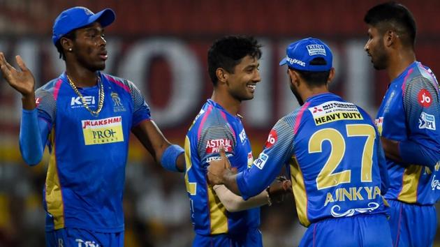 Like previously Rajasthan struck twice in quick succession, Krishnappa Gowtham (R) getting Axar patel for four. (AFP)