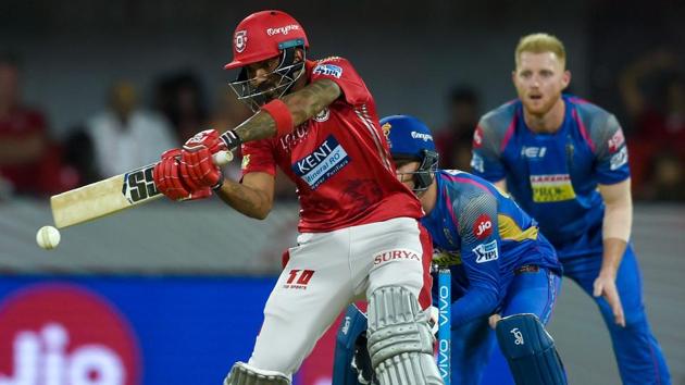Kings XI Punjab’s (KXIP’s) KL Rahul hits a boundary as Rajasthan Royals’ Jos Buttler (C) and Ben Stokes look on during the 2018 Indian Premier League (IPL 2018) match at the Holkar Cricket Stadium in Indore on Sunday.(AFP) Kings XI Punjab’s (KXIP’s) KL Rahul hits a boundary as Rajasthan Royals’ Jos Buttler (C) and Ben Stokes look on during the 2018 Indian Premier League (IPL 2018) match at the Holkar Cricket Stadium in Indore on Sunday.(AFP)