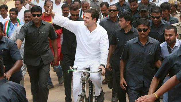 Congress President Rahul Gandhi rides a bicycle to protest against the fuel price hike at Malur in Kolar district on Monday. (PTI) Congress President Rahul Gandhi rides a bicycle to protest against the fuel price hike at Malur in Kolar district on Monday. (PTI)